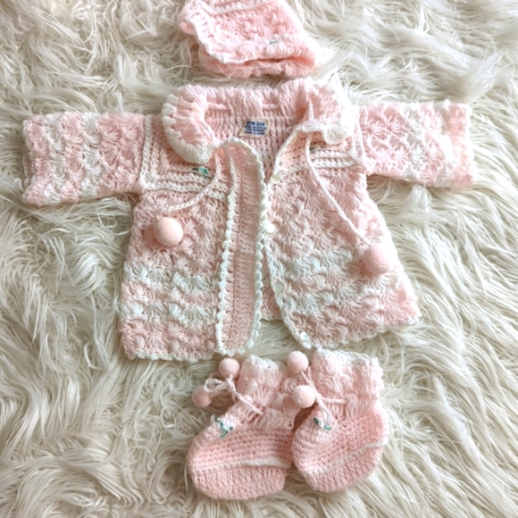 Vintage Other - Vintage Pink PomPom Bon Bon Baby Crochet Sweater Hat Booties Set